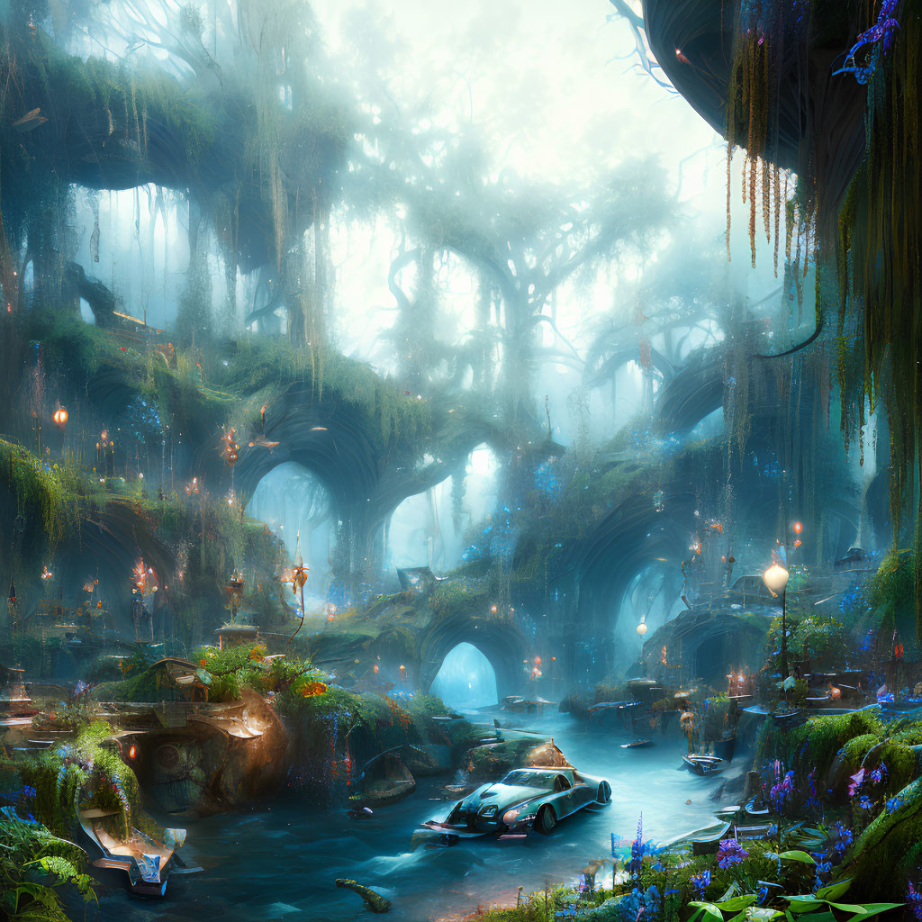 Enchanting forest with luminescent plants, grand archways, and serene river.