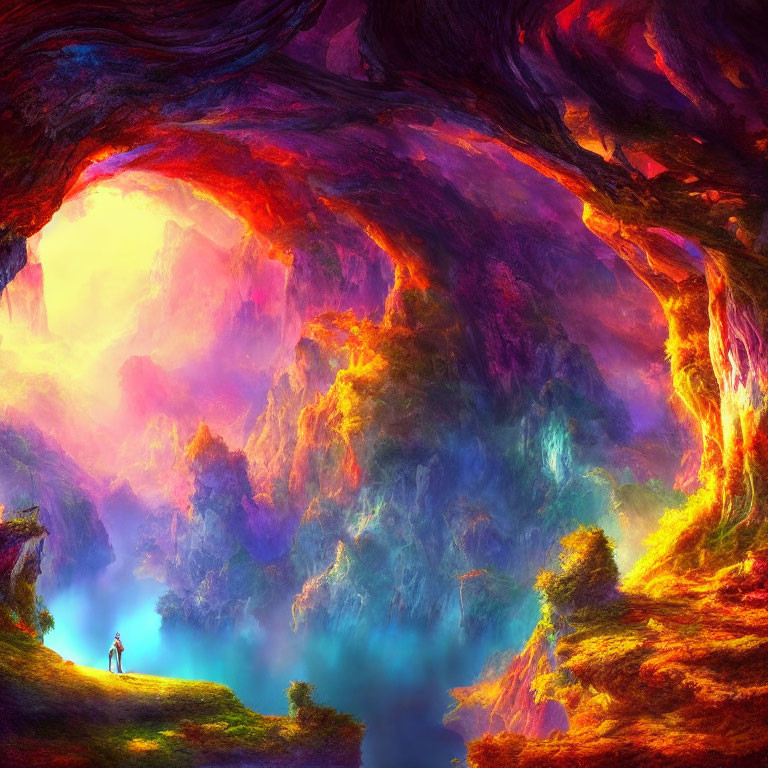 Colorful Swirling Cave Entrance with Vibrant Red, Purple, Blue, and Yellow Hues