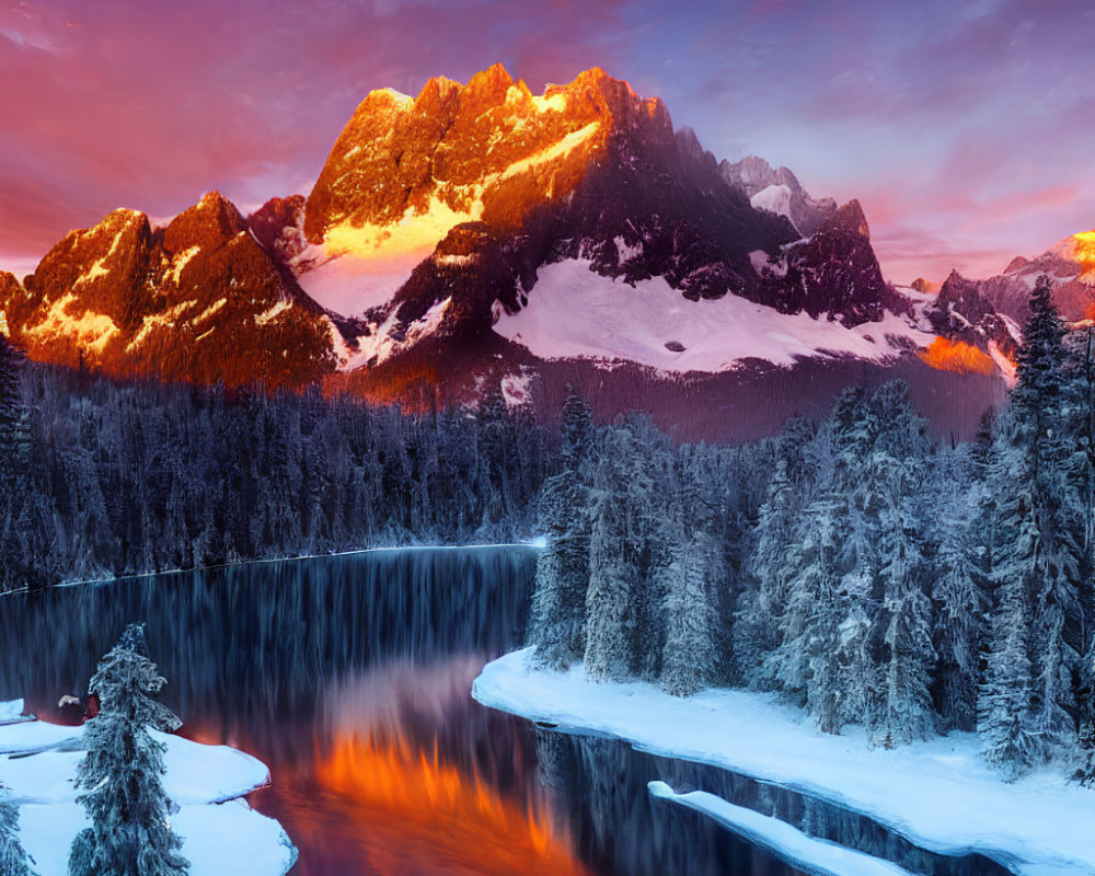 Sunrise illuminates snowy mountain peaks and forest-fringed lake in vibrant hues