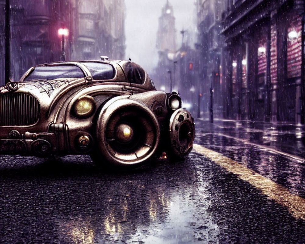 Vintage Car with Futuristic Design Parked on Wet Urban Street in Rain