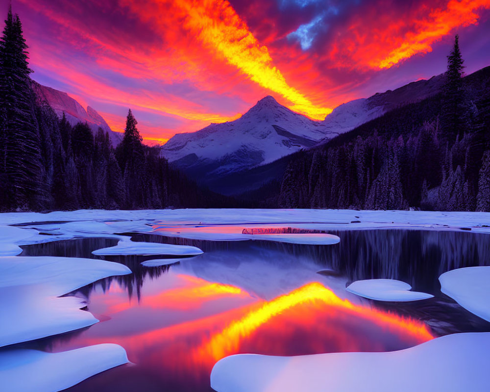 Scenic sunset over mountain lake with fiery clouds and snow patches