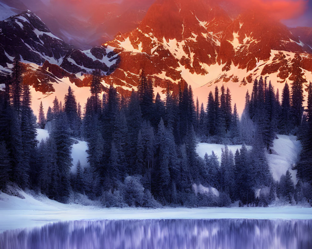 Snow-covered mountain landscape at sunset with alpine trees and serene lake