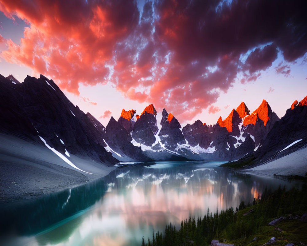 Scenic sunset over mountain lake with fiery clouds