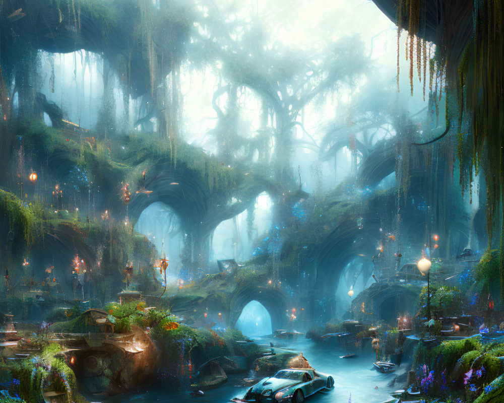 Enchanting forest with luminescent plants, grand archways, and serene river.