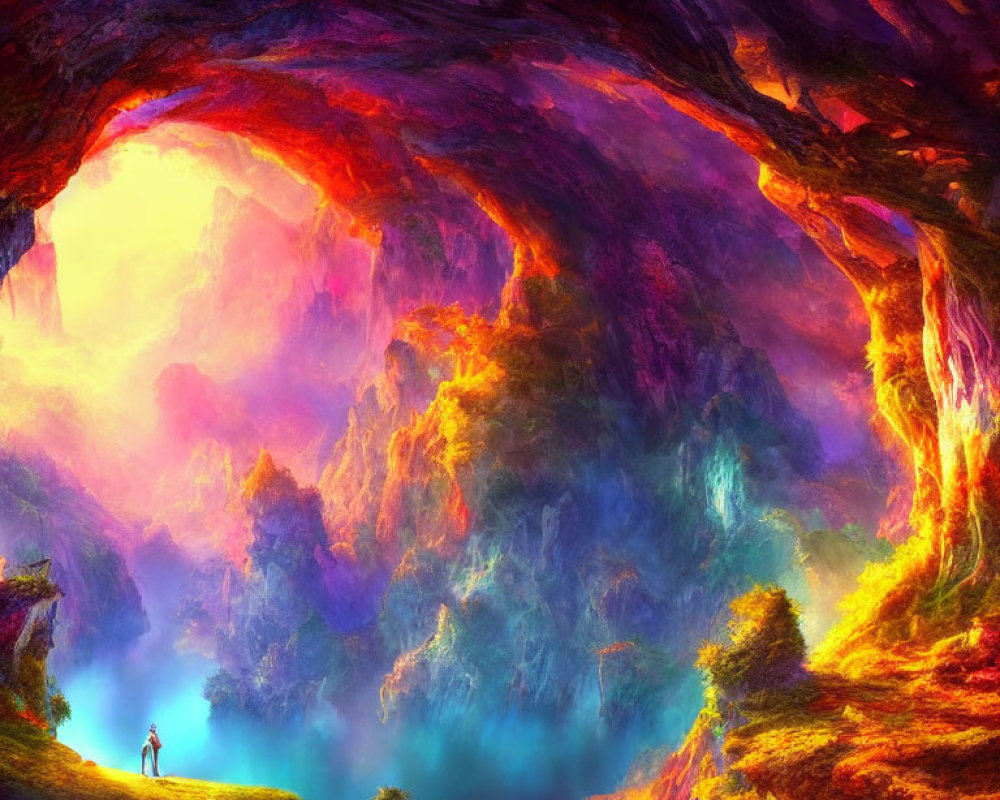 Colorful Swirling Cave Entrance with Vibrant Red, Purple, Blue, and Yellow Hues