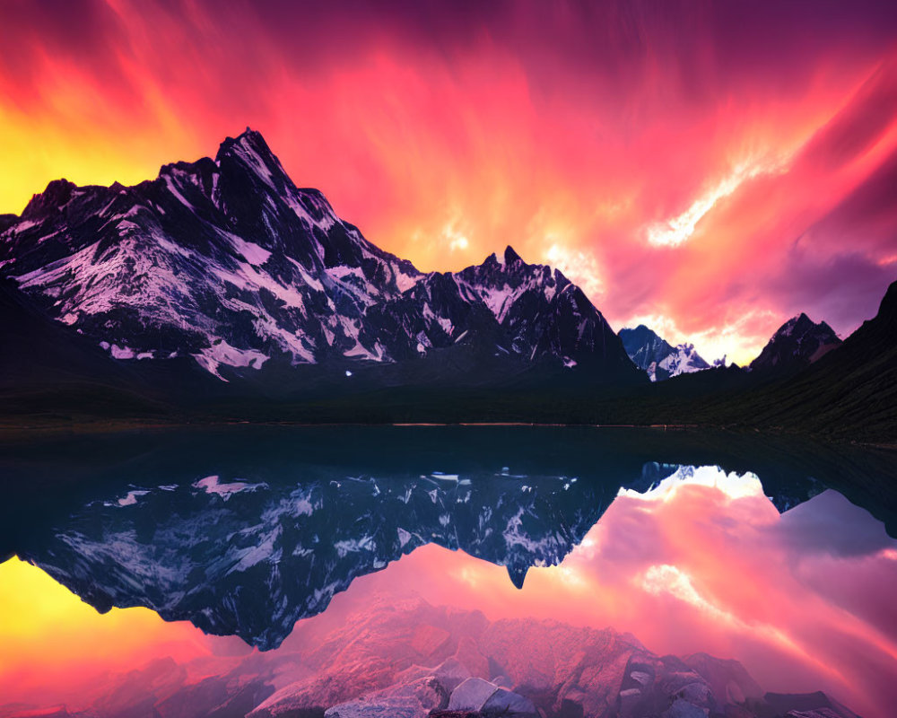 Scenic sunset over snow-capped mountains reflected in serene lake