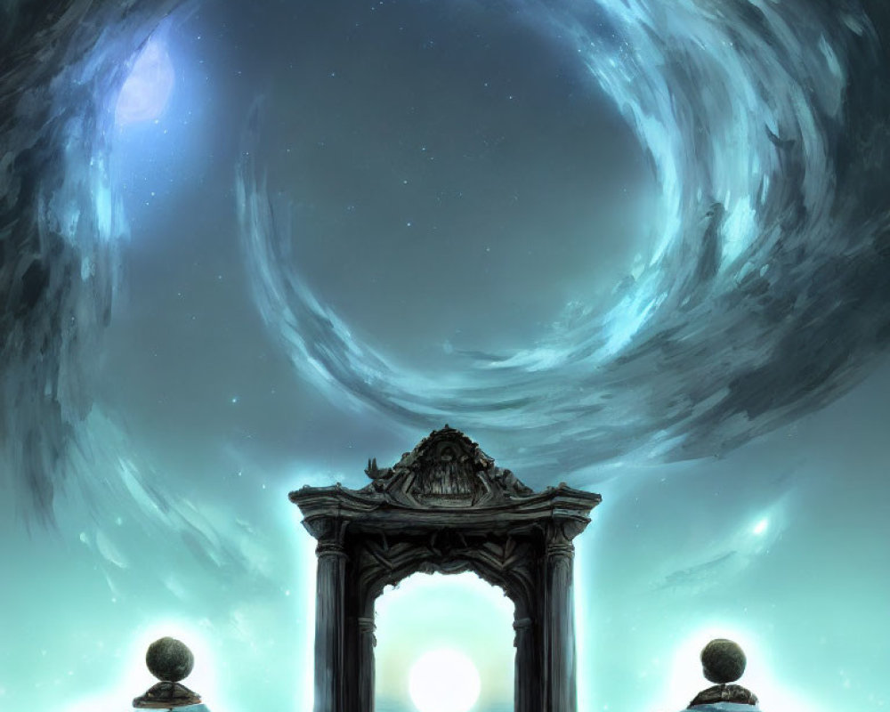 Ornate Stone Gateway Reveals Surreal Cosmic Landscape