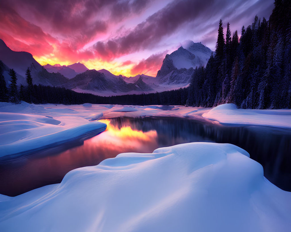 Scenic sunset over snowy landscape with river and mountains