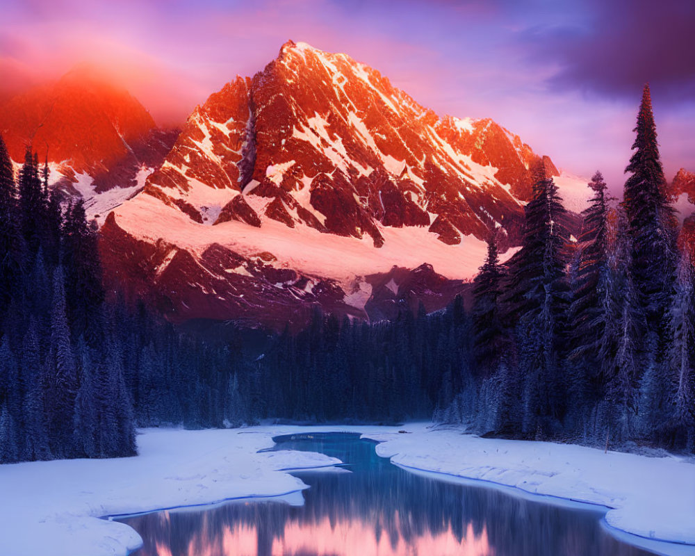 Snowy Mountain Peak Sunset Reflection in Serpentine River