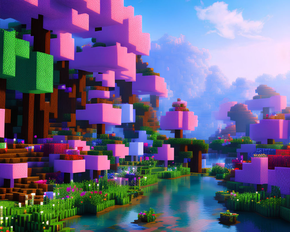 Colorful blocky landscape with pink and green trees and serene river