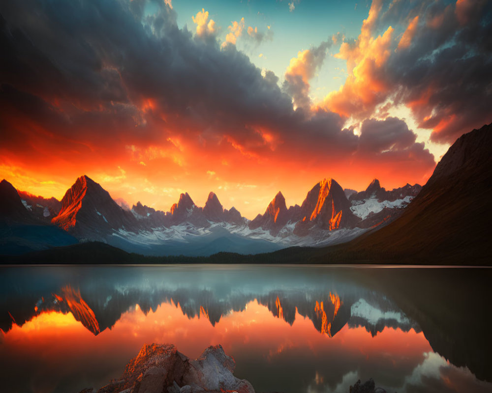 Scenic sunrise over mountain lake with dramatic clouds and rugged peaks