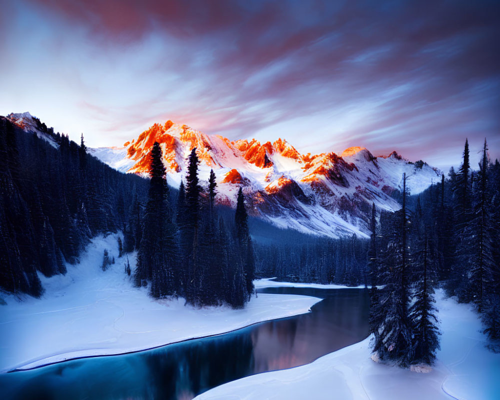 Snow-covered mountain range at twilight with orange sky reflecting in frozen river