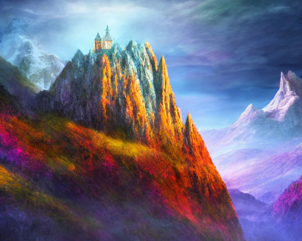 Colorful Fantasy Landscape with Autumnal Mountains and Castle