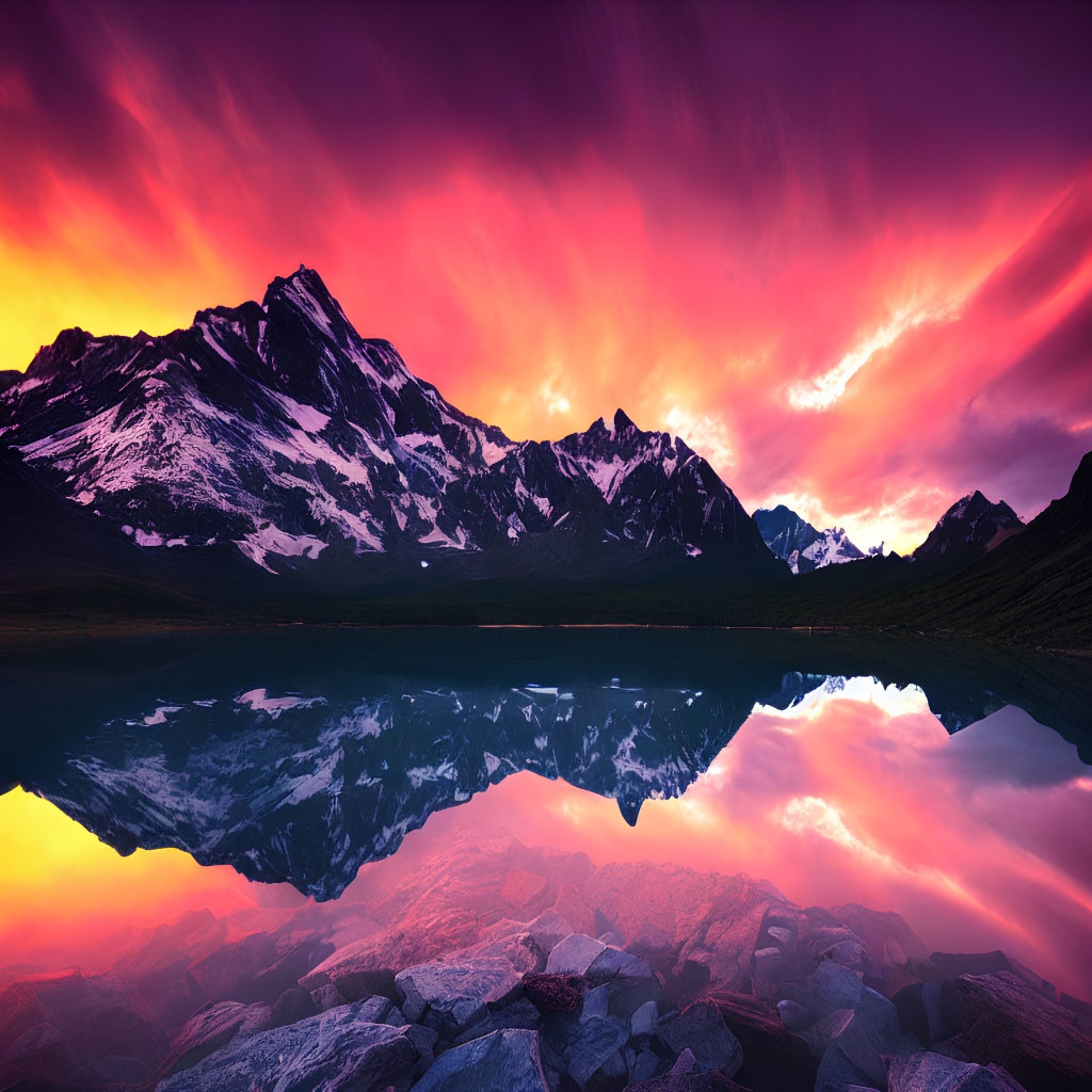 Scenic sunset over snow-capped mountains reflected in serene lake