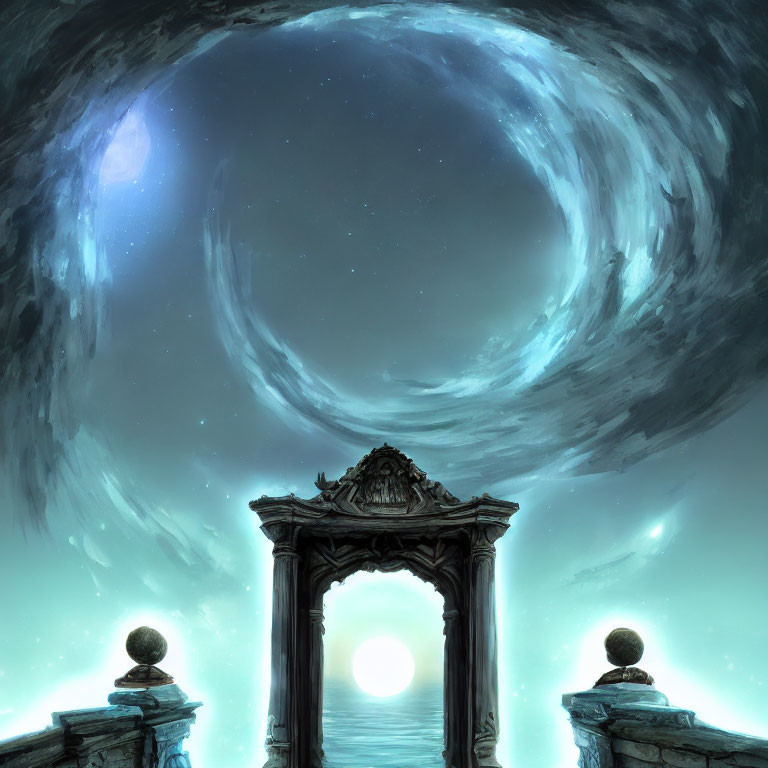 Ornate Stone Gateway Reveals Surreal Cosmic Landscape