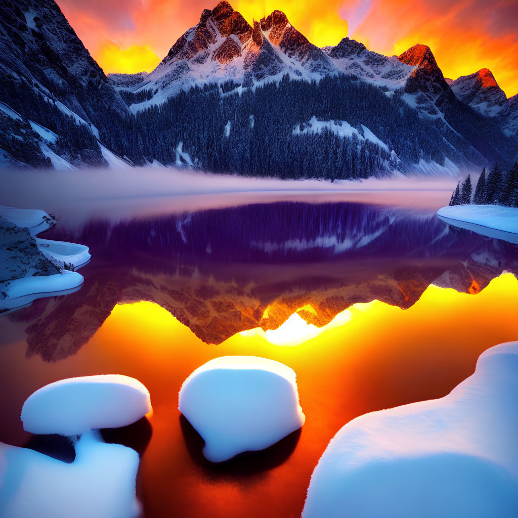 Snow-covered mountain range at fiery sunset over tranquil lake