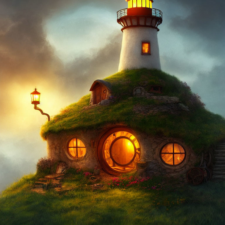 Enchanting lighthouse and cottage at twilight with lush greenery