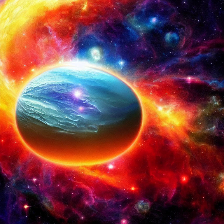 Colorful Nebula and Blue Planet in Fiery Cosmic Scene