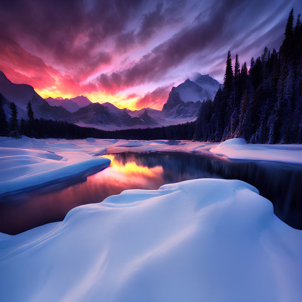 Scenic sunset over snowy landscape with river and mountains