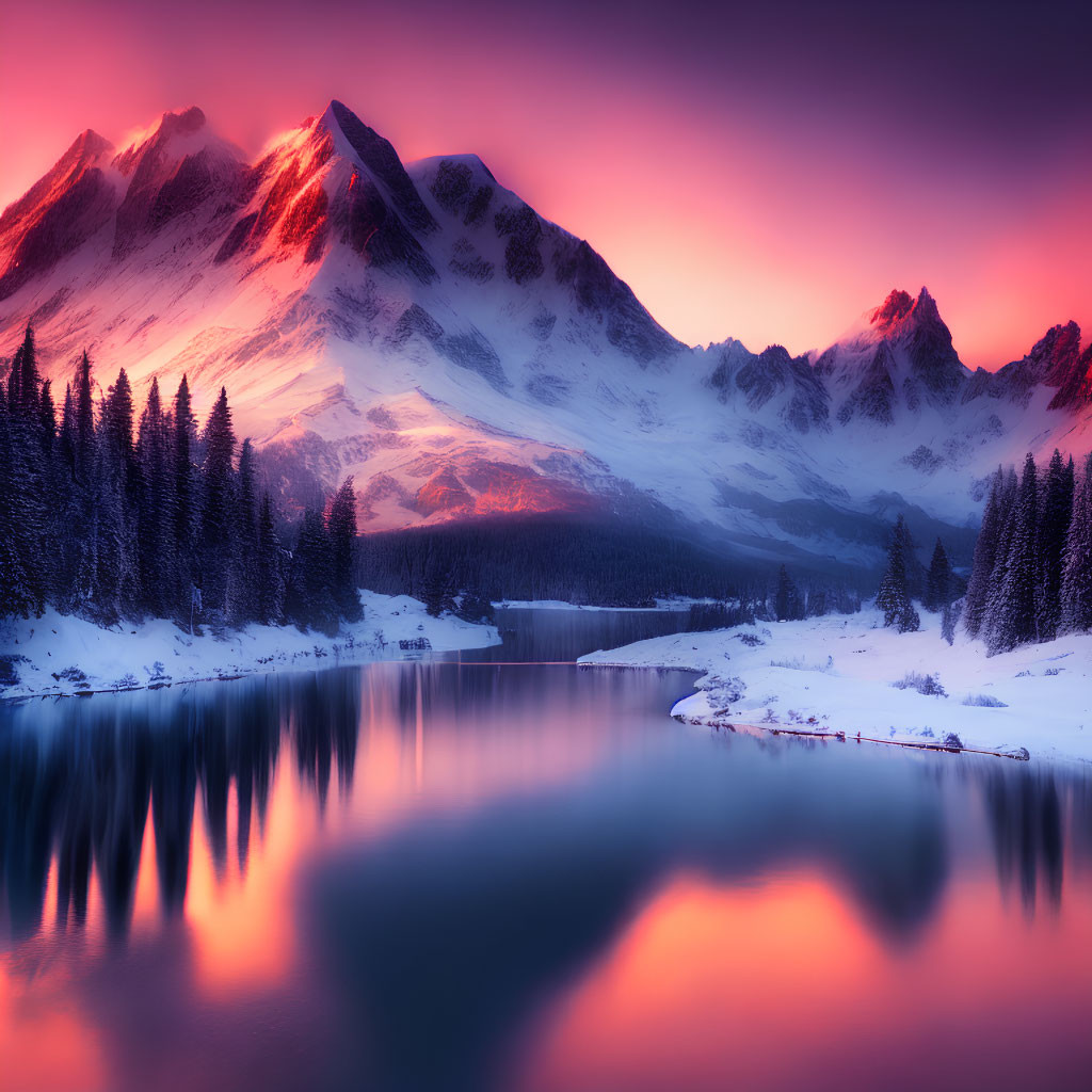 Vibrant pink sunset over snow-capped mountains and tranquil lake