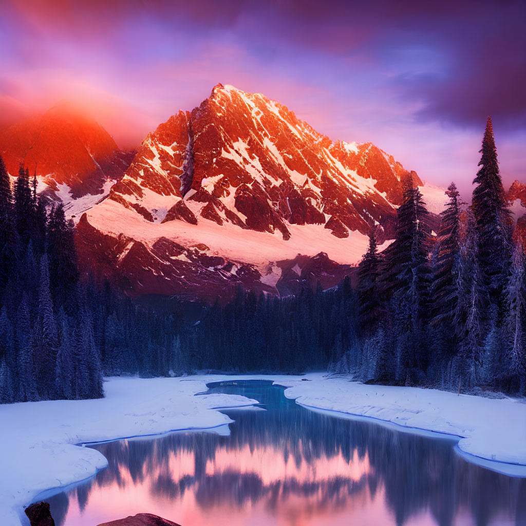 Snowy Mountain Peak Sunset Reflection in Serpentine River