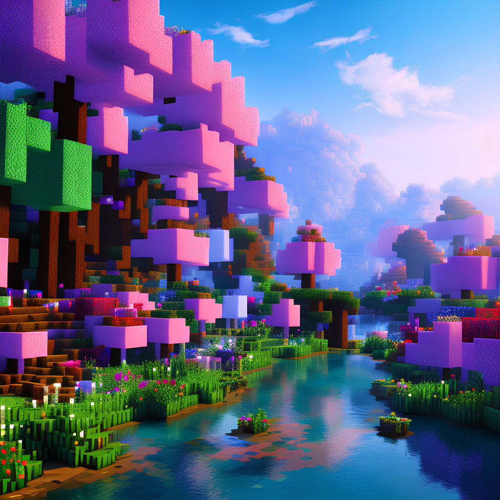 Colorful blocky landscape with pink and green trees and serene river