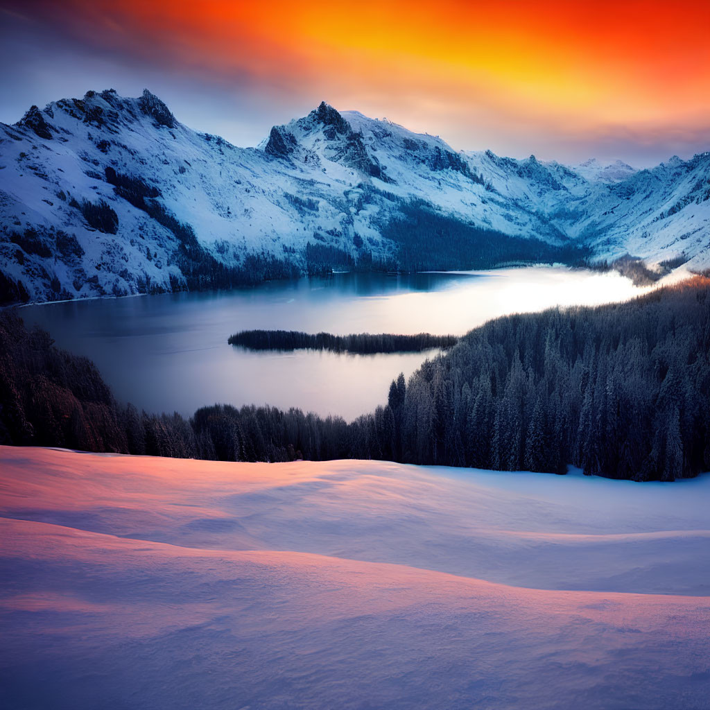 Snowy Mountain Landscape at Sunrise with Lake and Forest