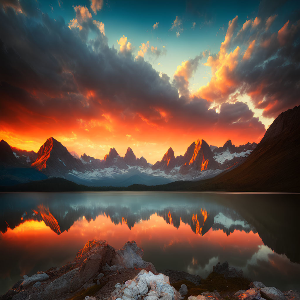 Scenic sunrise over mountain lake with dramatic clouds and rugged peaks