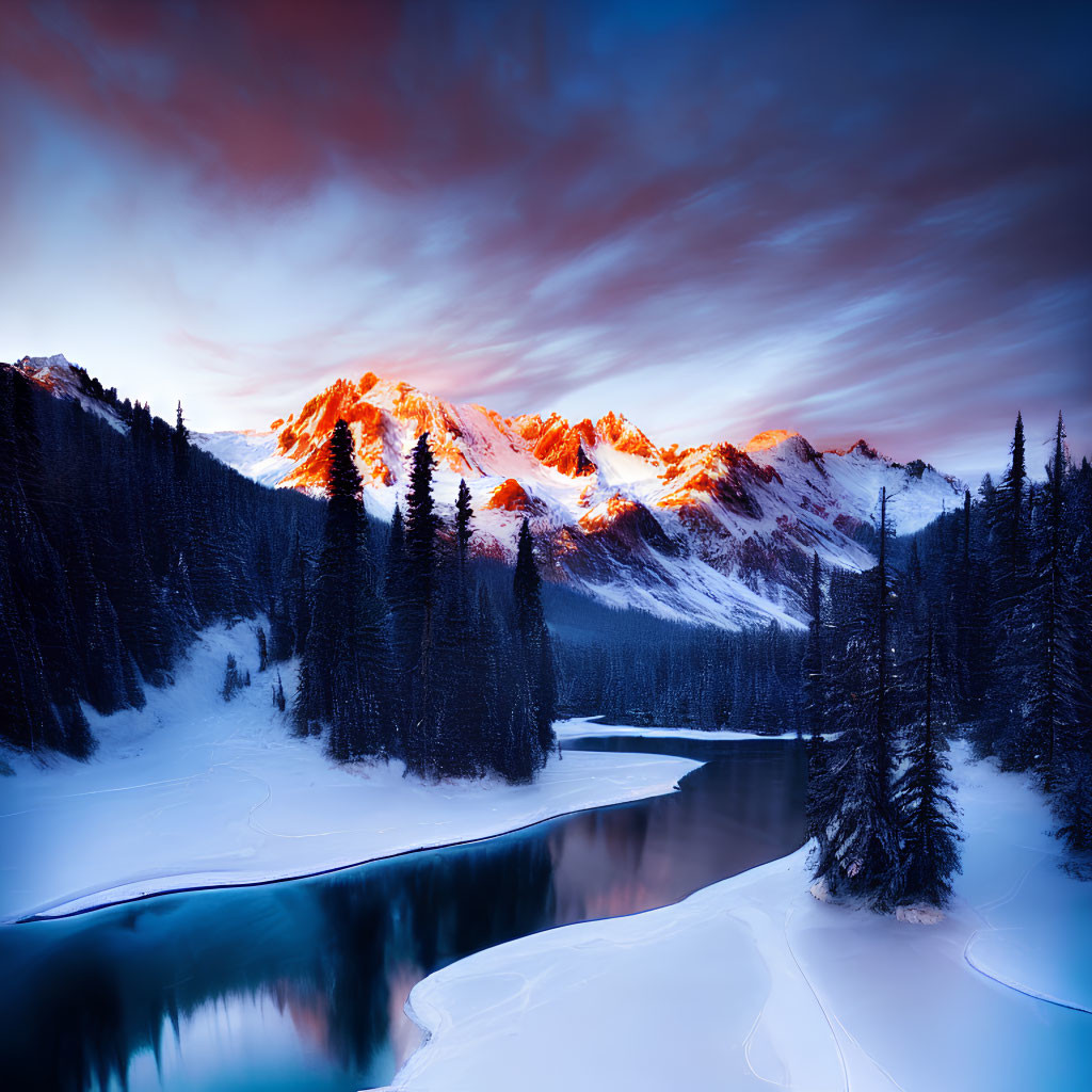 Snow-covered mountain range at twilight with orange sky reflecting in frozen river