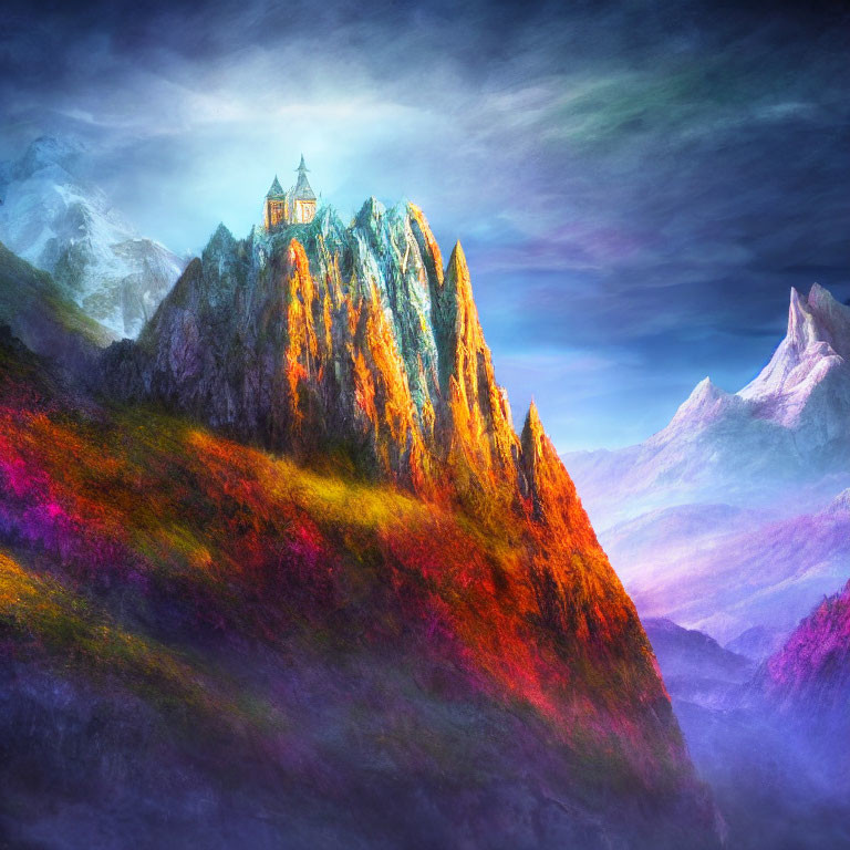 Colorful Fantasy Landscape with Autumnal Mountains and Castle