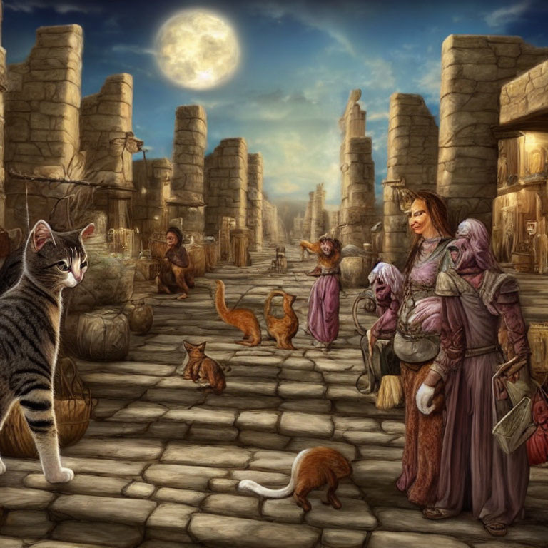 Anthropomorphic cats in historic city under full moon with giant cat.