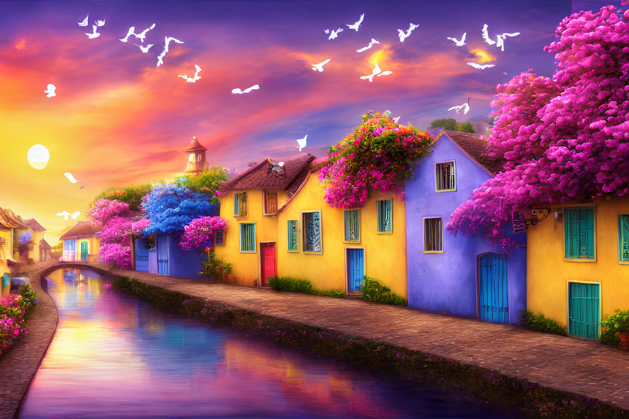 Colorful houses and blooming trees on cobbled street by canal at sunset