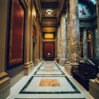 Intricate Columns and Red Drapes in Ornate Corridor