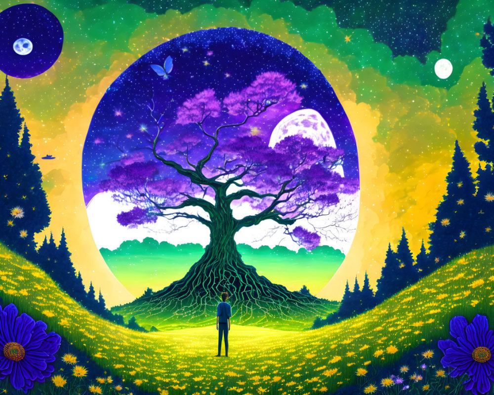 Person admiring majestic tree with cosmic backdrop and vibrant flowers