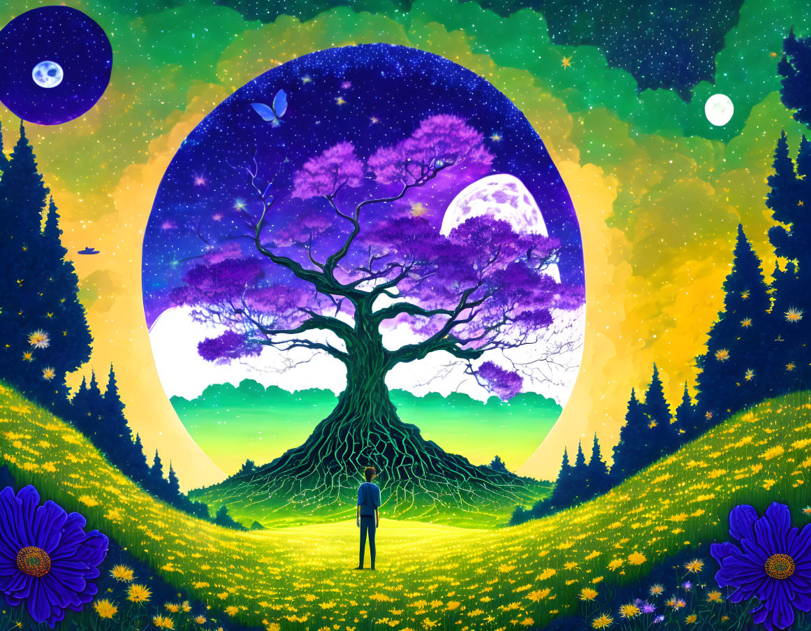 Person admiring majestic tree with cosmic backdrop and vibrant flowers