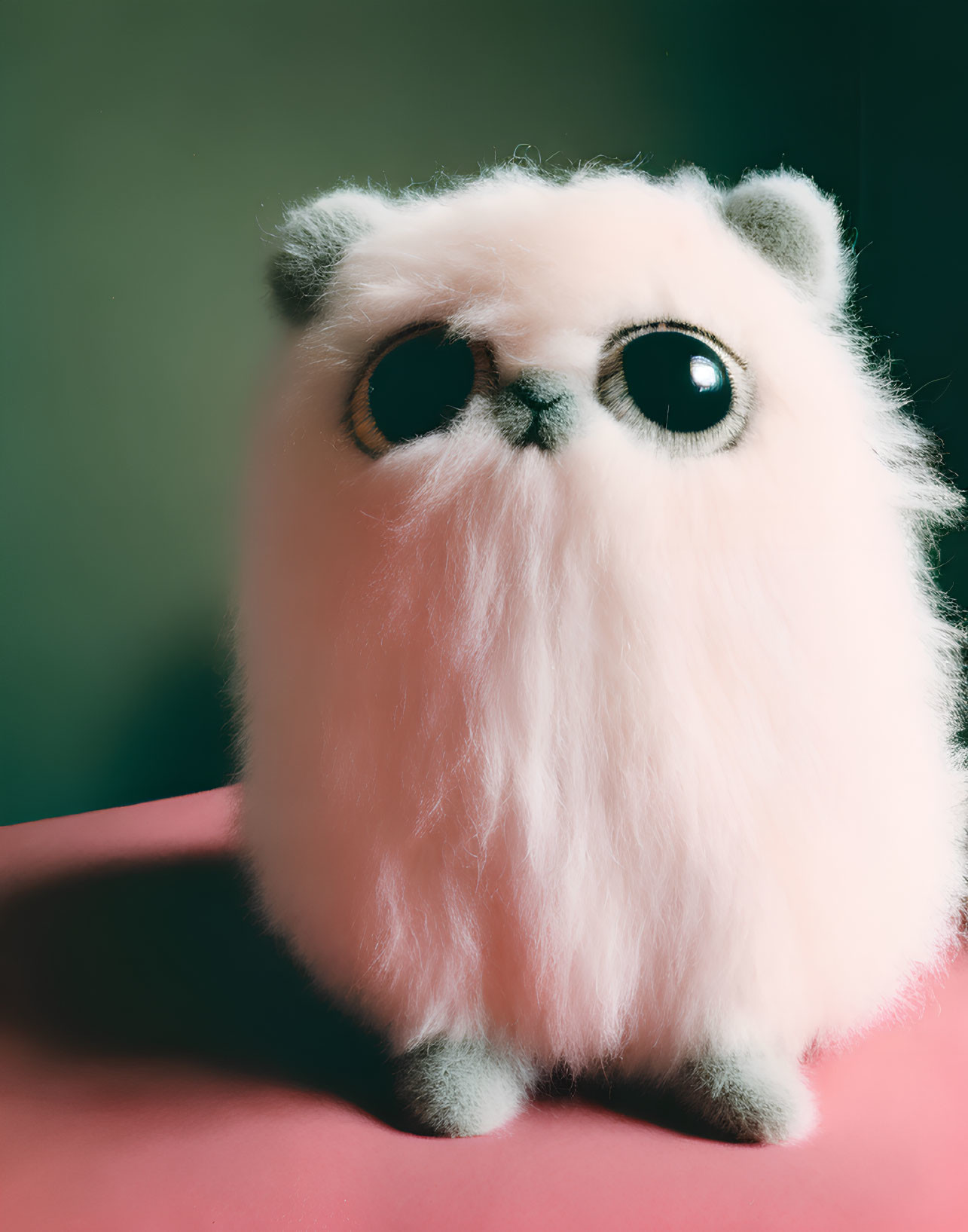 Fluffy White Toy Creature on Green and Pink Background