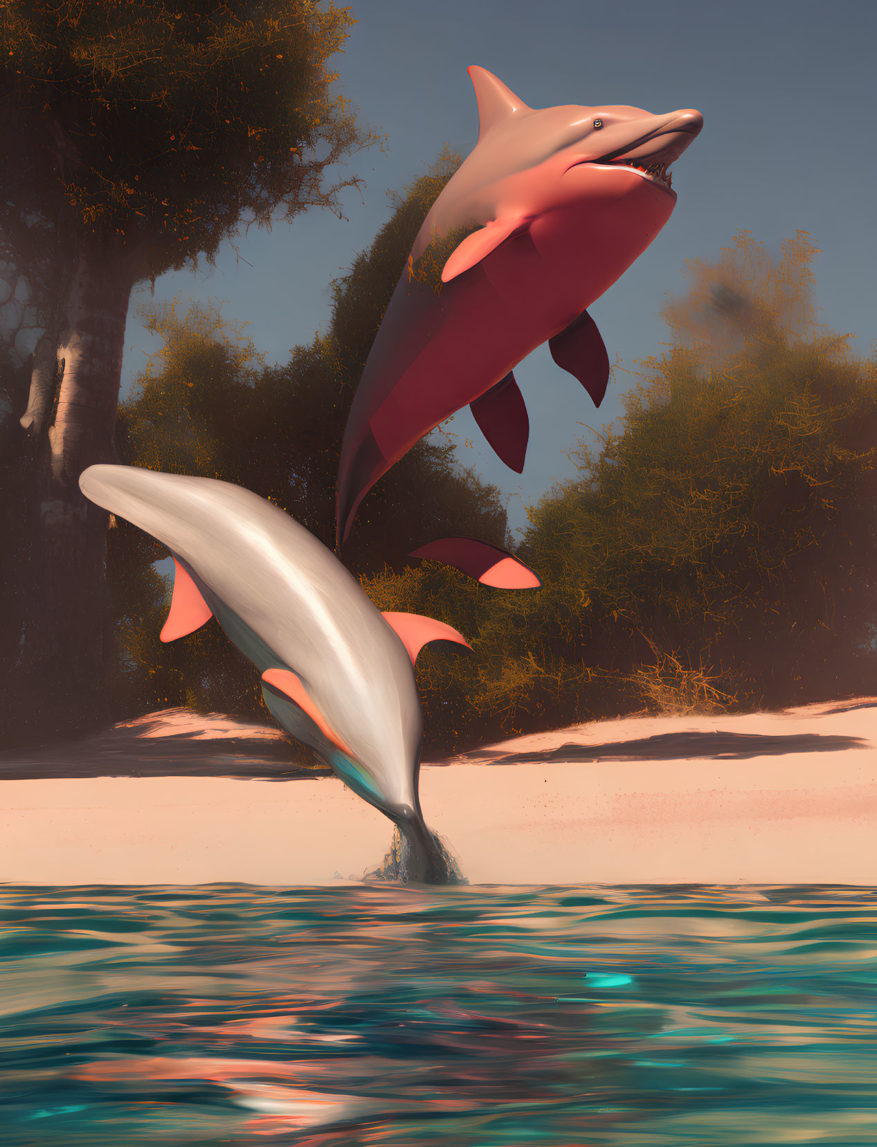 Stylized dolphins leaping above ocean near sandy beach