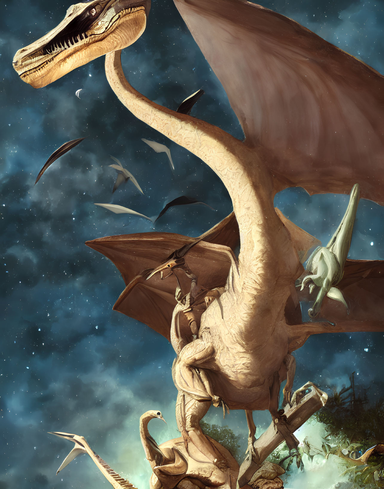 Diverse pterosaurs soaring under starry sky with large foreground pterosaur