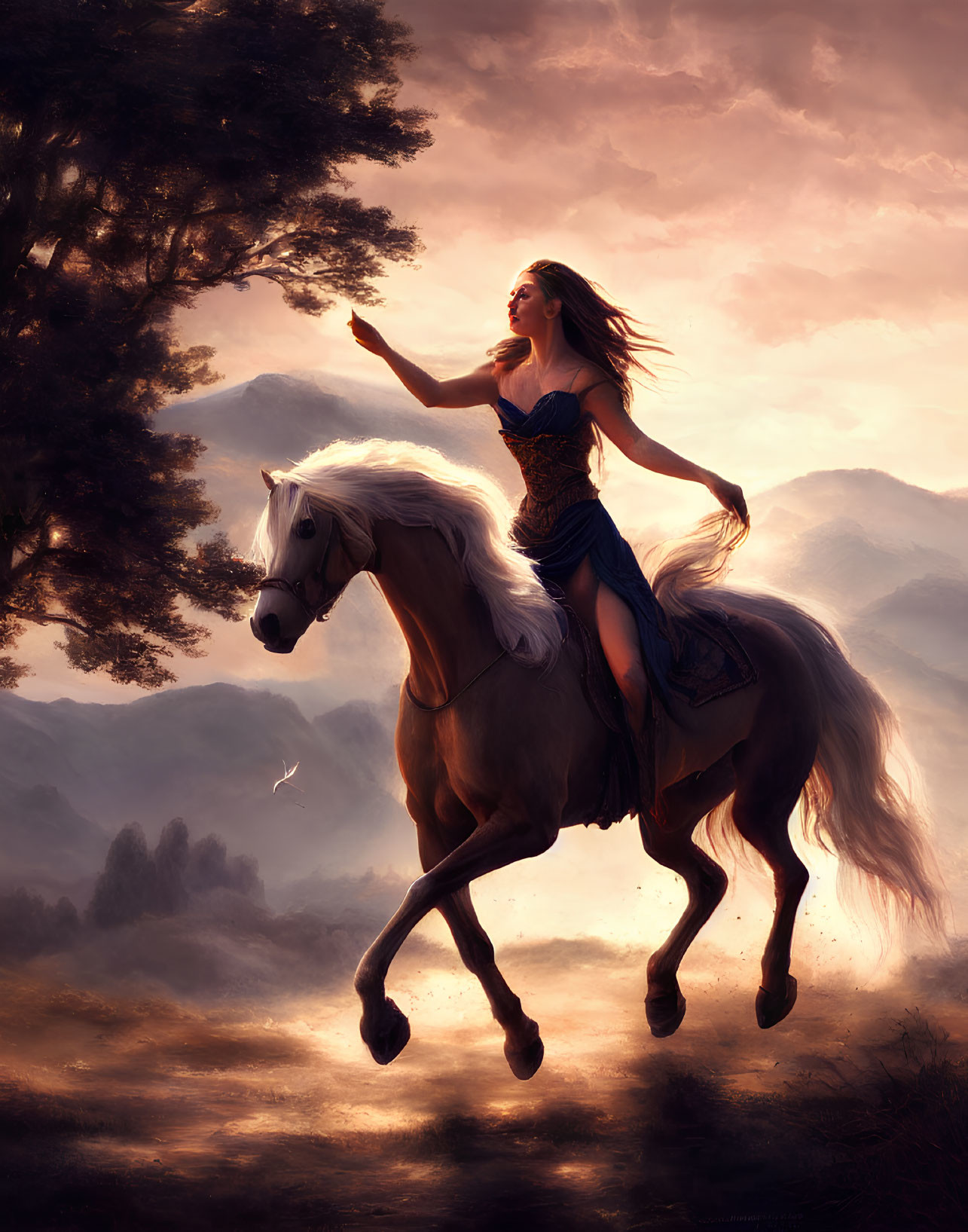 Woman riding galloping white horse in misty landscape with tree