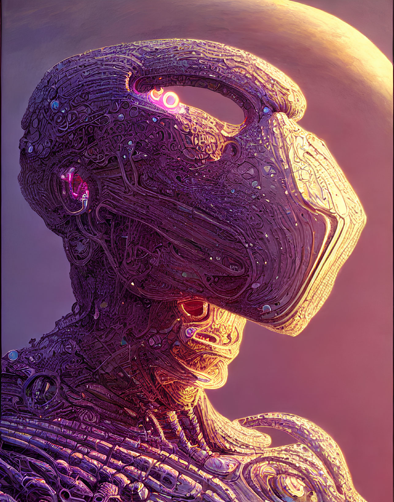 Detailed Mechanical Humanoid Head Profile Against Planetary Backdrop