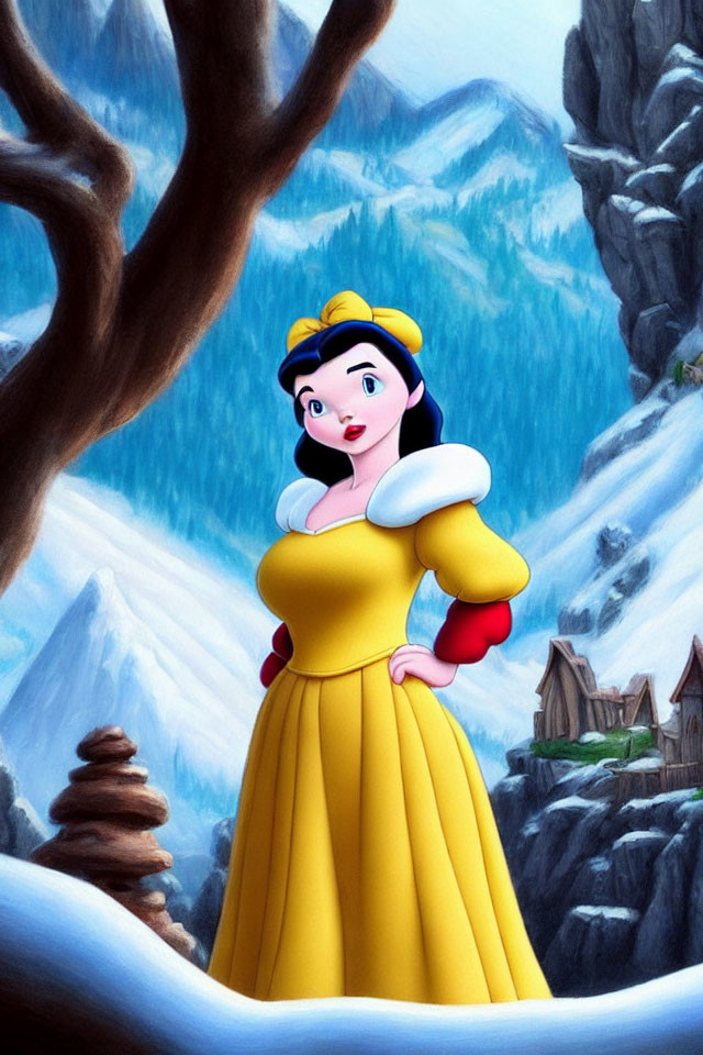 Black-Haired Animated Character in Yellow Dress in Snowy Landscape