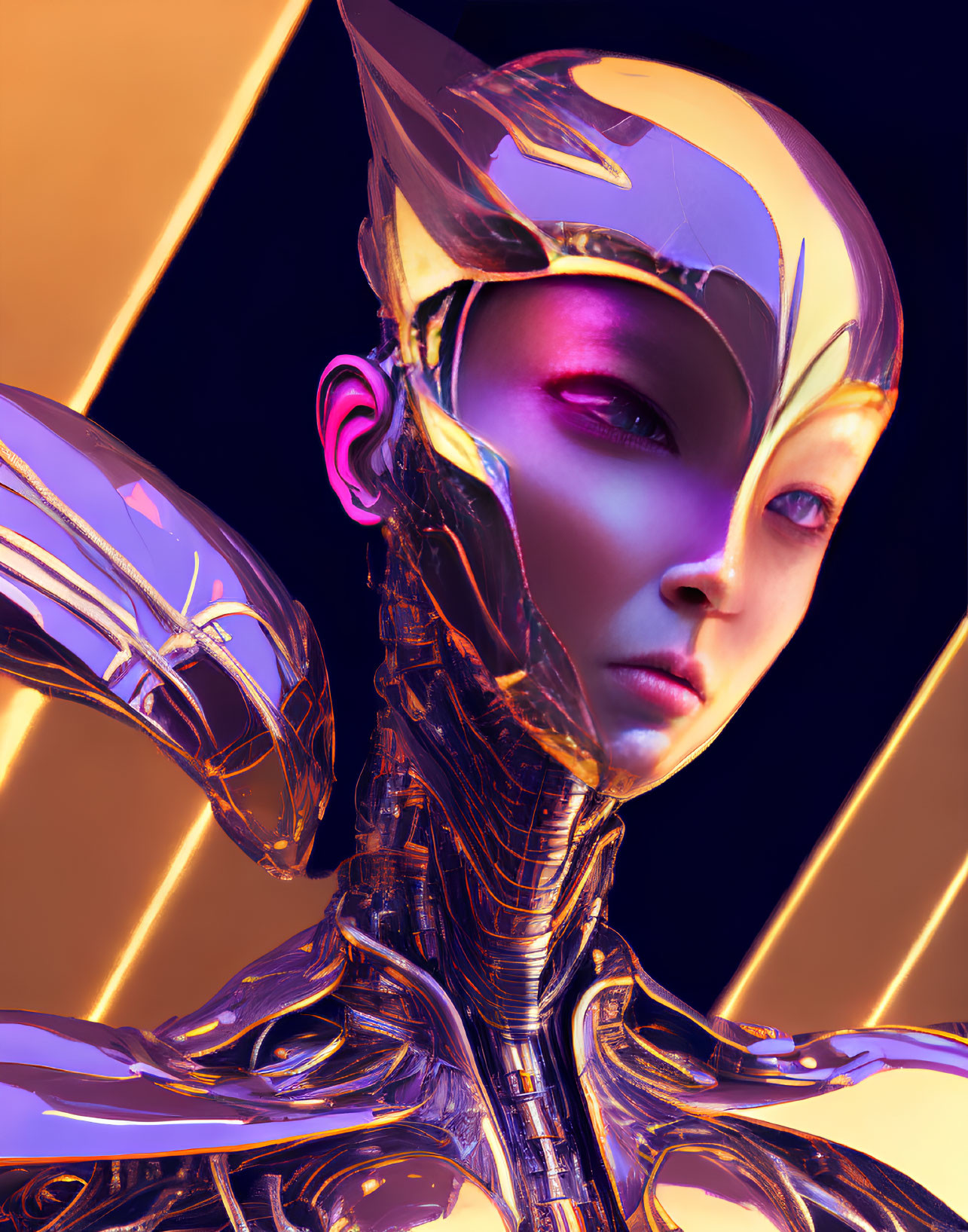 Female android digital art with gold and purple helmet and neon background