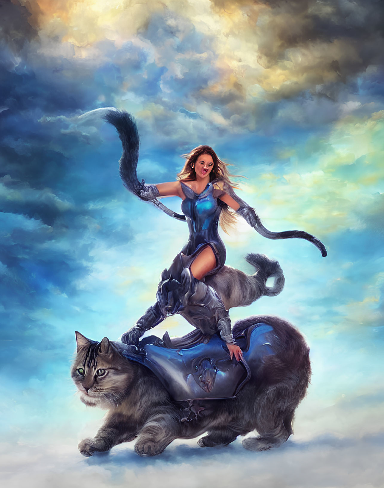 Fantasy illustration of woman with feline features riding giant cat in blue armor against swirling sky.