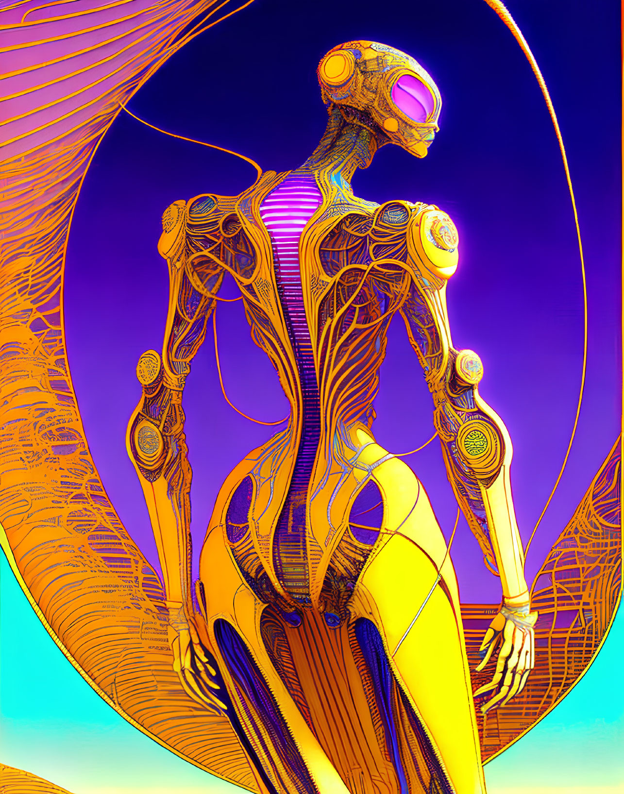 Detailed Stylized Humanoid Robot Illustration on Vibrant Background