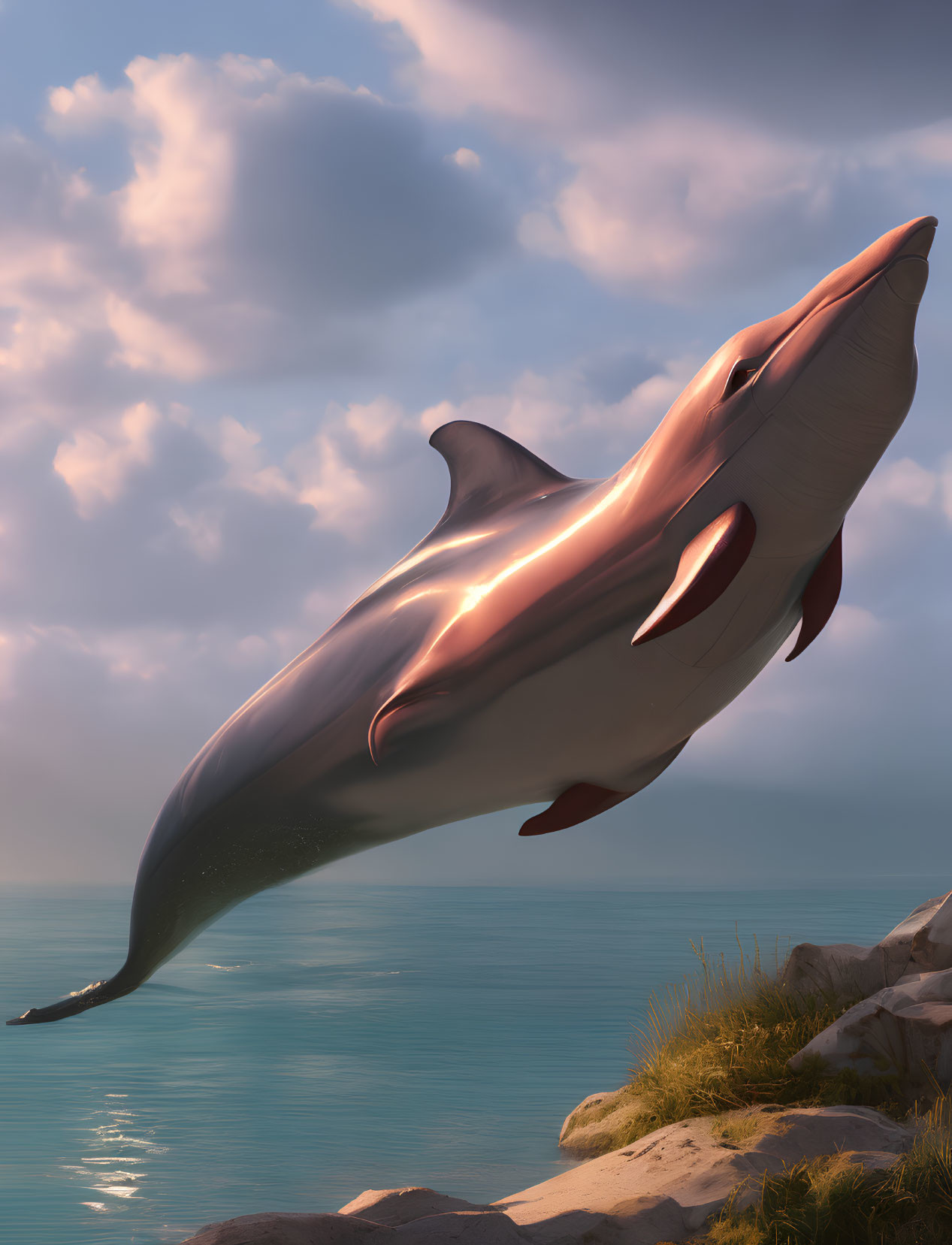 Futuristic metallic dolphin leaping over ocean near rocky coastline