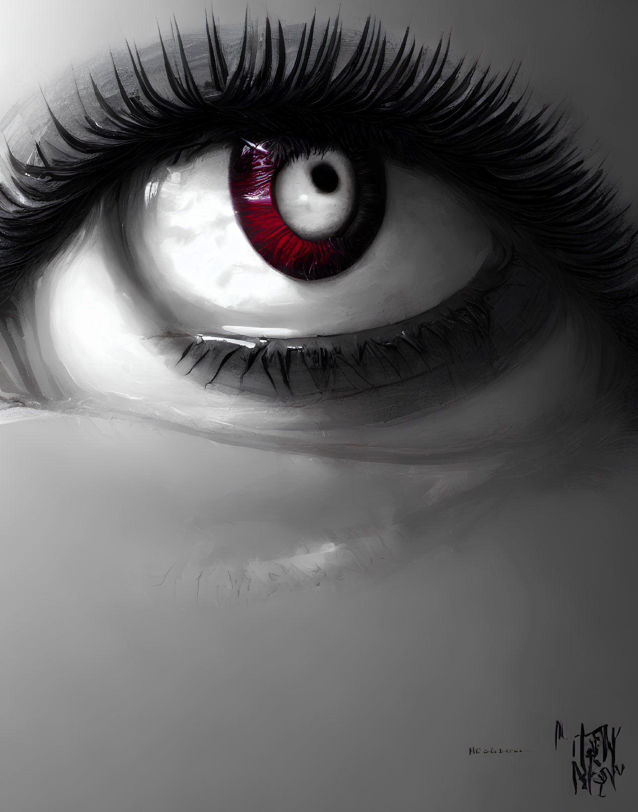 Detailed grayscale illustration of red and white human eye with dramatic eyelashes