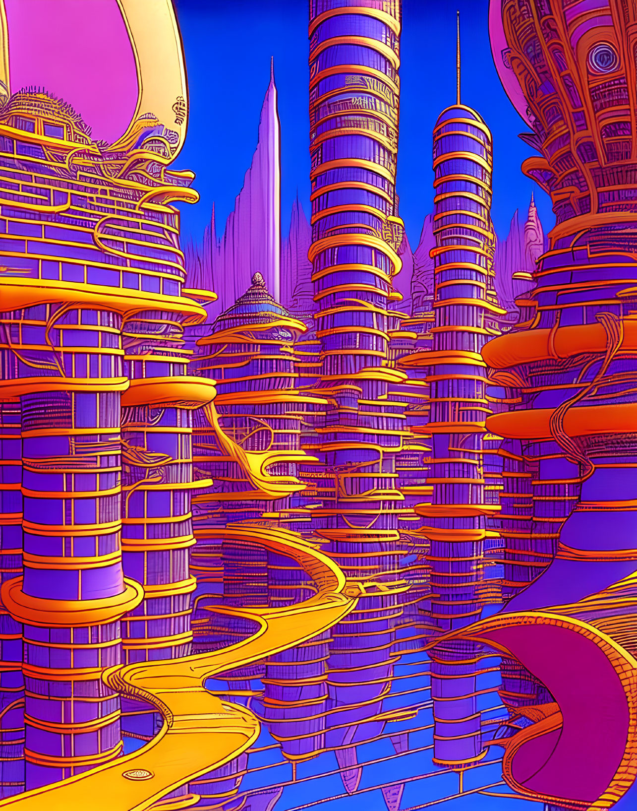 Futuristic cityscape with skyscrapers and winding roads in pink and blue sky