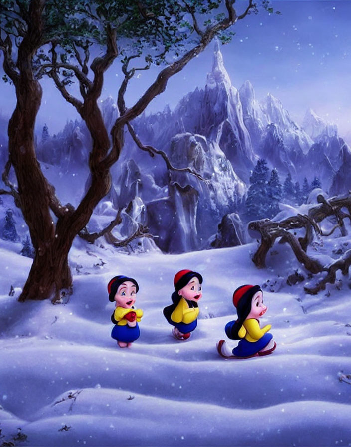 Animated characters play in snowy forest with mountain.