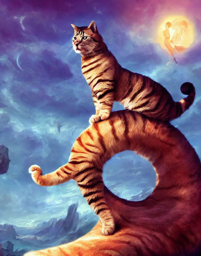 Whimsical artwork: Giant striped cat with small cat, fairy, moon, mountains