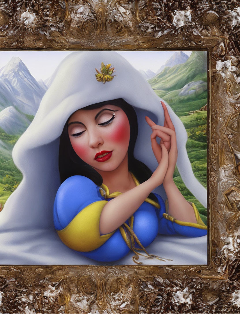 Serene Snow White portrait against mountain landscape in golden frame